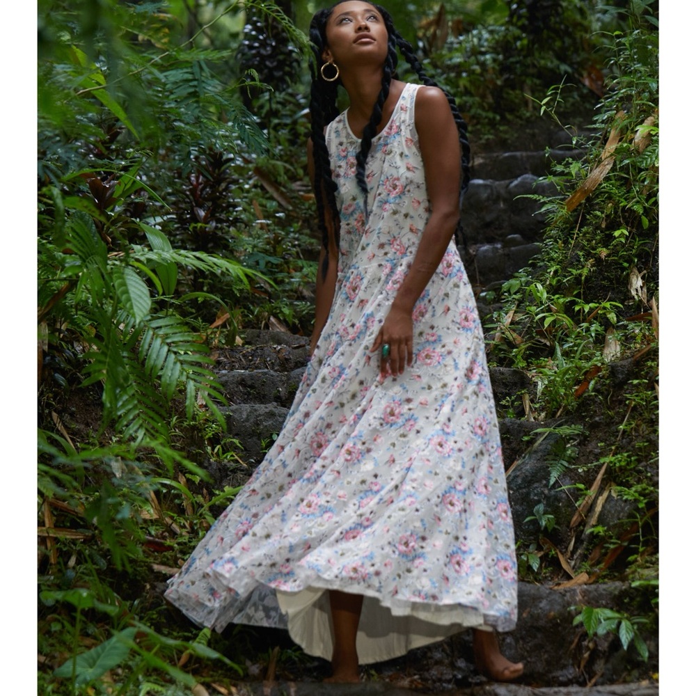 Johnny Was Karina Mesh Multicolor Floral Sleeveless A Line Flowy Dress